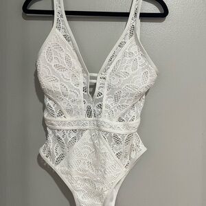 BECCA White Crochet Detail One-Piece Swimsuit